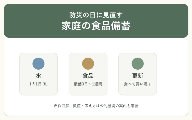 防災の日に家庭の食品備蓄を見直すための水、食品、更新をセージ・青・黄土色で示した自作図解