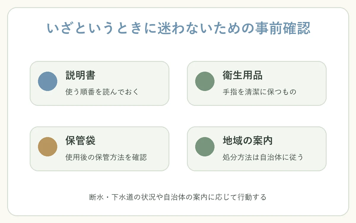 説明書、衛生用品、保管袋、自治体の案内を事前に確認する自作図解