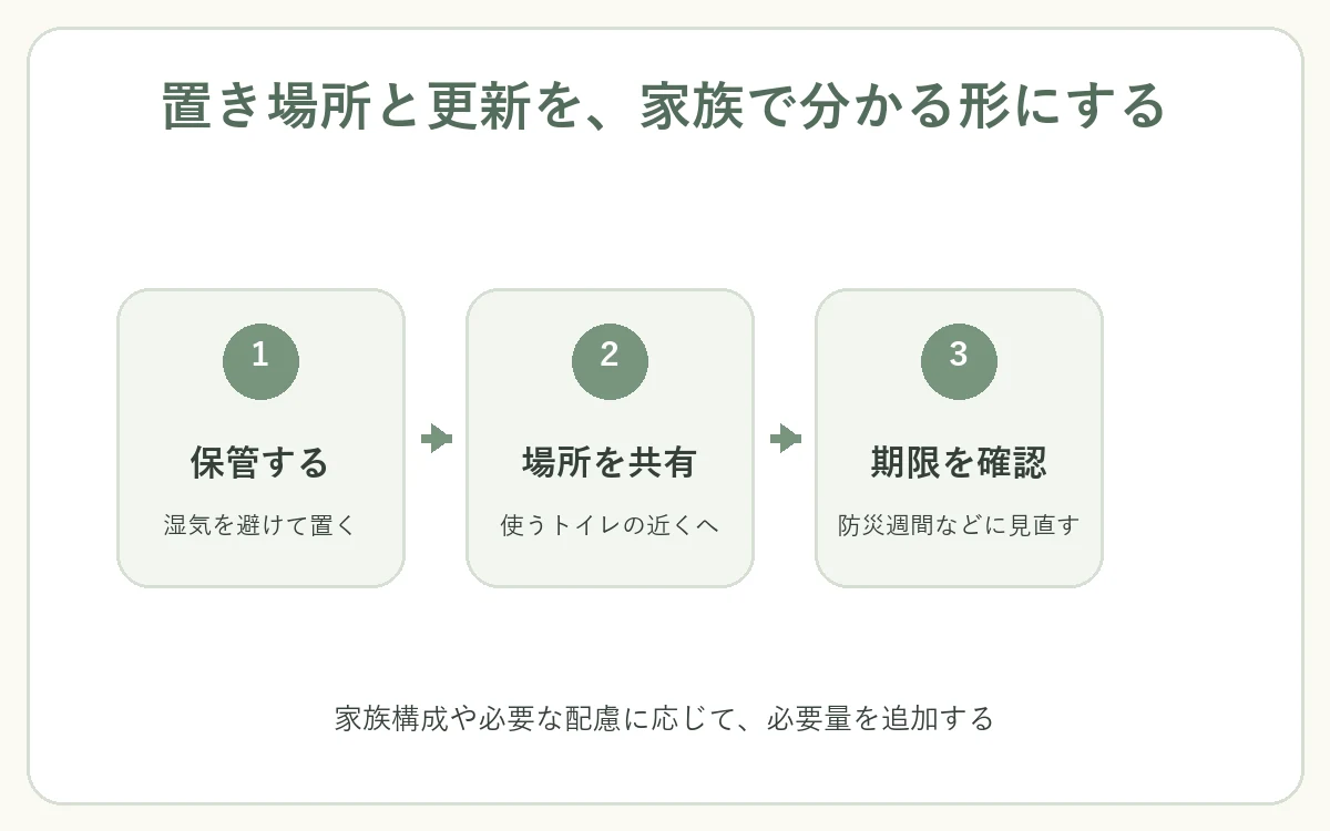 災害用トイレを保管し、場所を共有し、定期的に期限を確認する流れの自作図解
