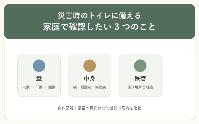 災害時のトイレ備蓄で確認する量、中身、保管をセージ・青・黄土色で示した自作図解
