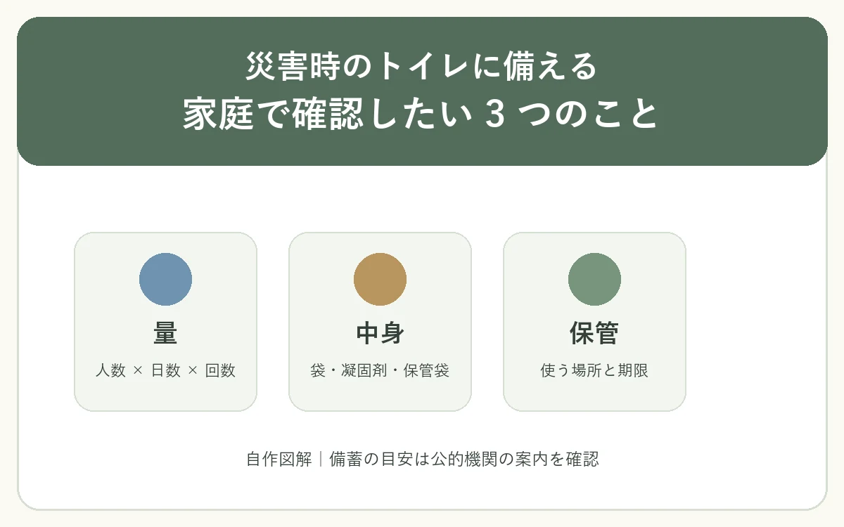 災害時のトイレ備蓄で確認する量、中身、保管をセージ・青・黄土色で示した自作図解
