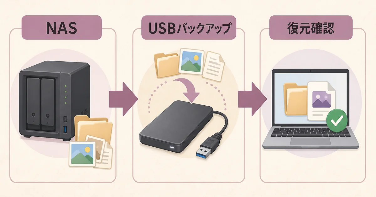 NASからUSB外付けドライブへバックアップし、復元確認する流れを示したAI生成図