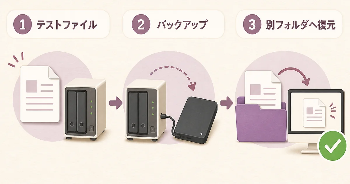 テストファイルをバックアップし、別フォルダへ復元して確認する手順を示したAI生成図