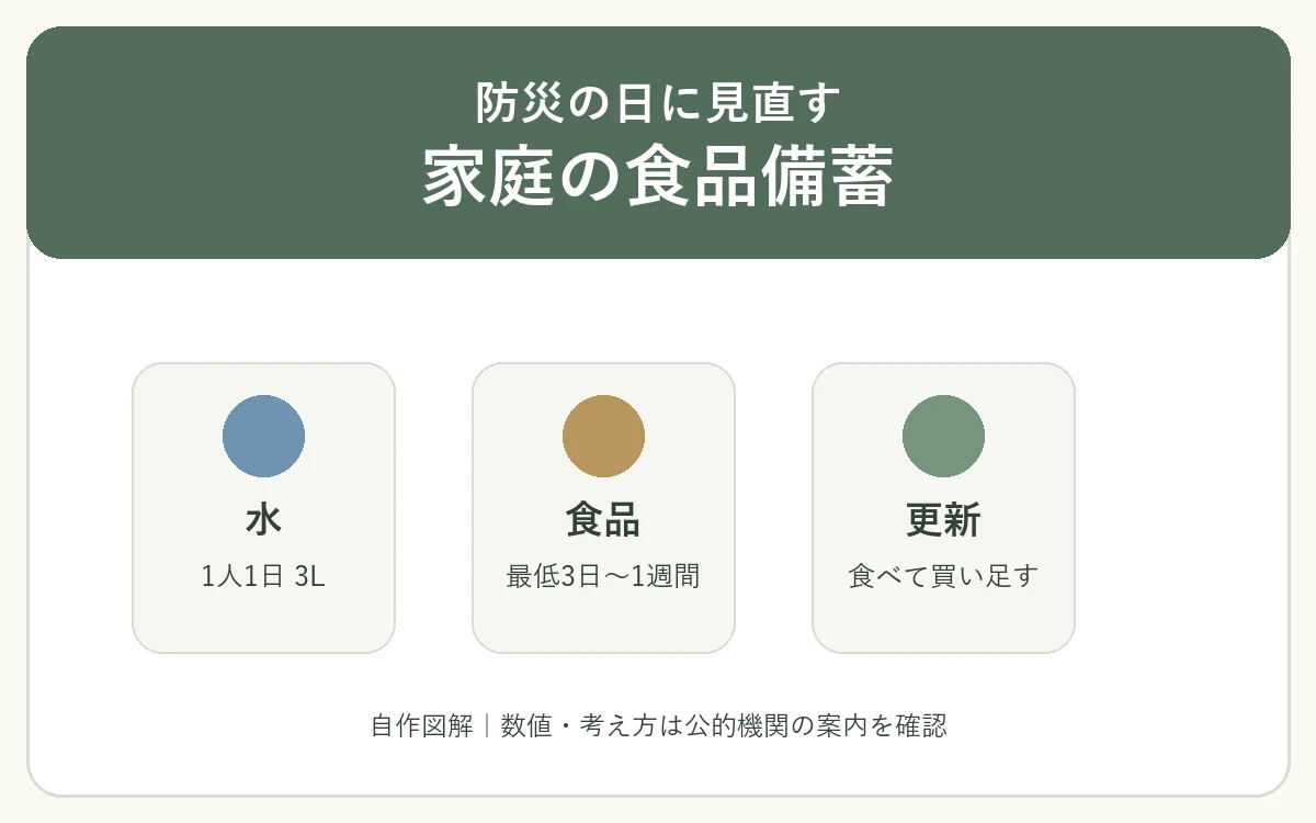 防災の日に家庭の食品備蓄を見直すための水、食品、更新をセージ・青・黄土色で示した自作図解