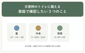 災害時のトイレ備蓄で確認する量、中身、保管をセージ・青・黄土色で示した自作図解