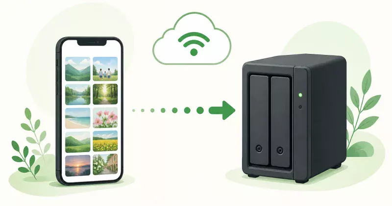 iPhoneの写真をWi-Fi経由でSynology NASへバックアップするイメージ