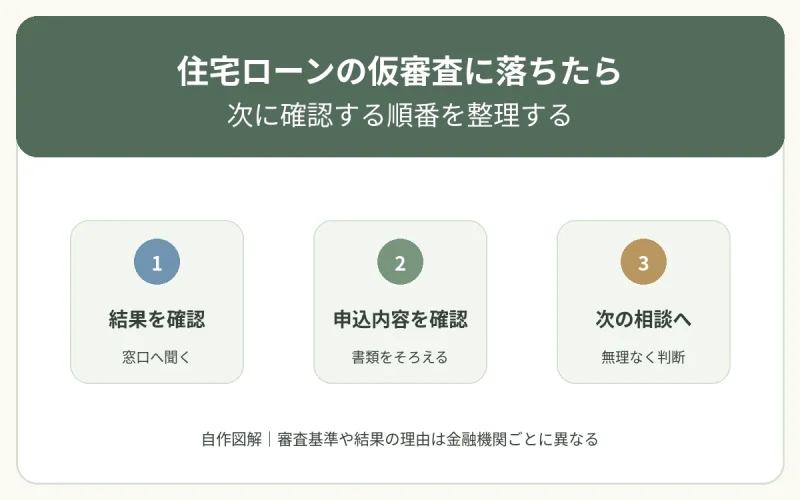 住宅ローンの仮審査に落ちた後、結果、申込内容、次の相談先を順に確認することを示した自作図解