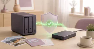 家庭のNASからUSB外付けドライブへデータを安全にバックアップするイメージ