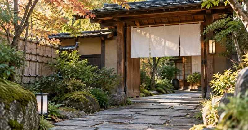 AI生成イメージ：実在の宿を示さない、秋の木立と石畳に面した無地の暖簾のある温泉宿風の入口