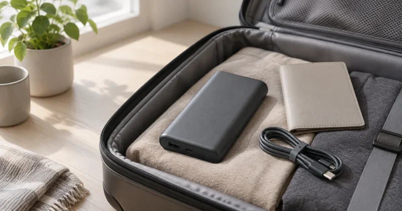 機内持ち込み用バッグと無地のモバイルバッテリー（AI生成イメージ）