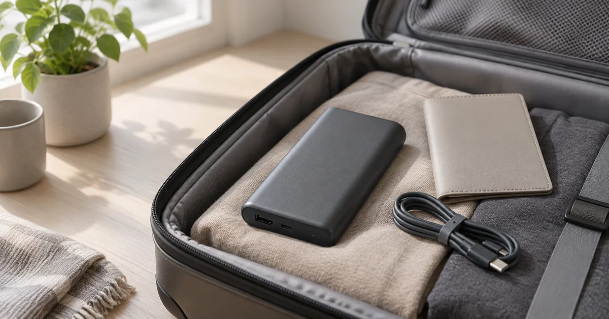 機内持ち込み用バッグと無地のモバイルバッテリー（AI生成イメージ）