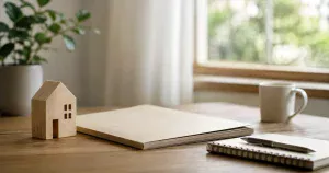 AI生成イメージ：書類フォルダー、木製の家のオブジェ、ノートとペンを置いた明るい机