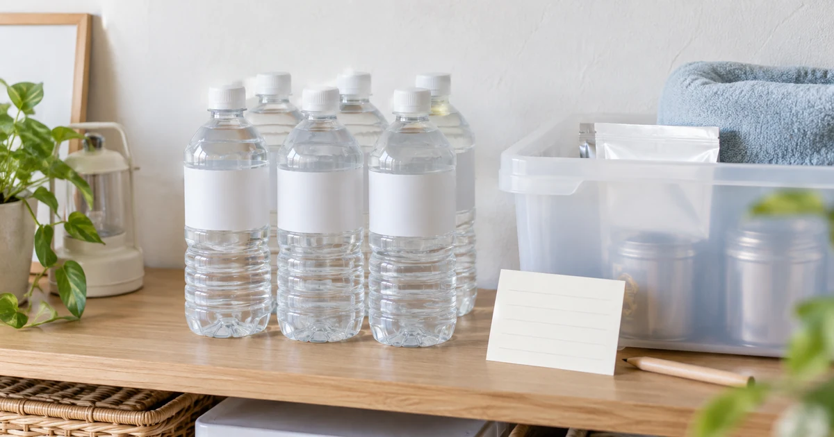 AI生成イメージ:無地の飲料水ボトルと収納箱を置いた、実在の家庭を示さない防災備蓄の確認場面