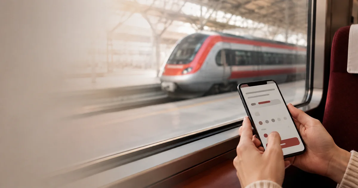 AI生成イメージ:スマートフォンで特急列車の座席予約を確認する場面