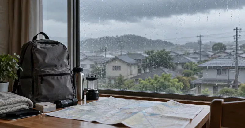 AI生成イメージ：大雨の前に防災用品と読めない地図を確認する架空の室内